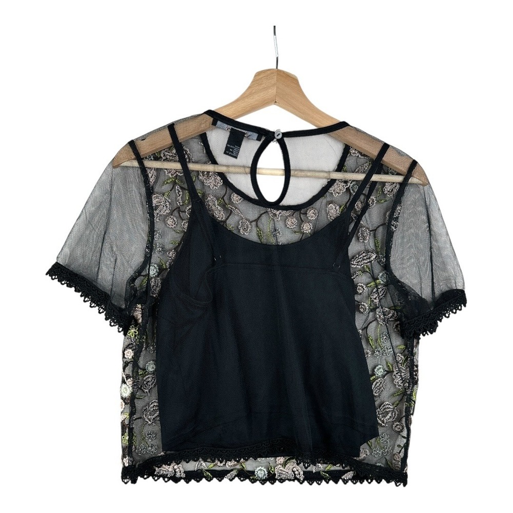 Forever‎ 21 Contemporary Floral Embroidered Cami Sheer Blouse size Large Black - Picture 5 of 7